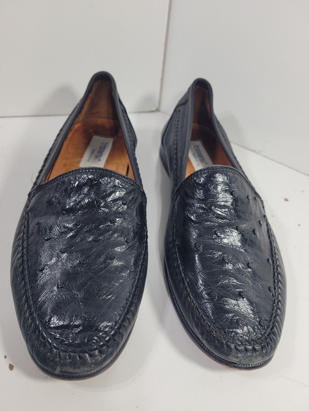 Traversi Italy Mens 10.5 Black Genuine Full Quill Ostrich Leather Loafers VTG